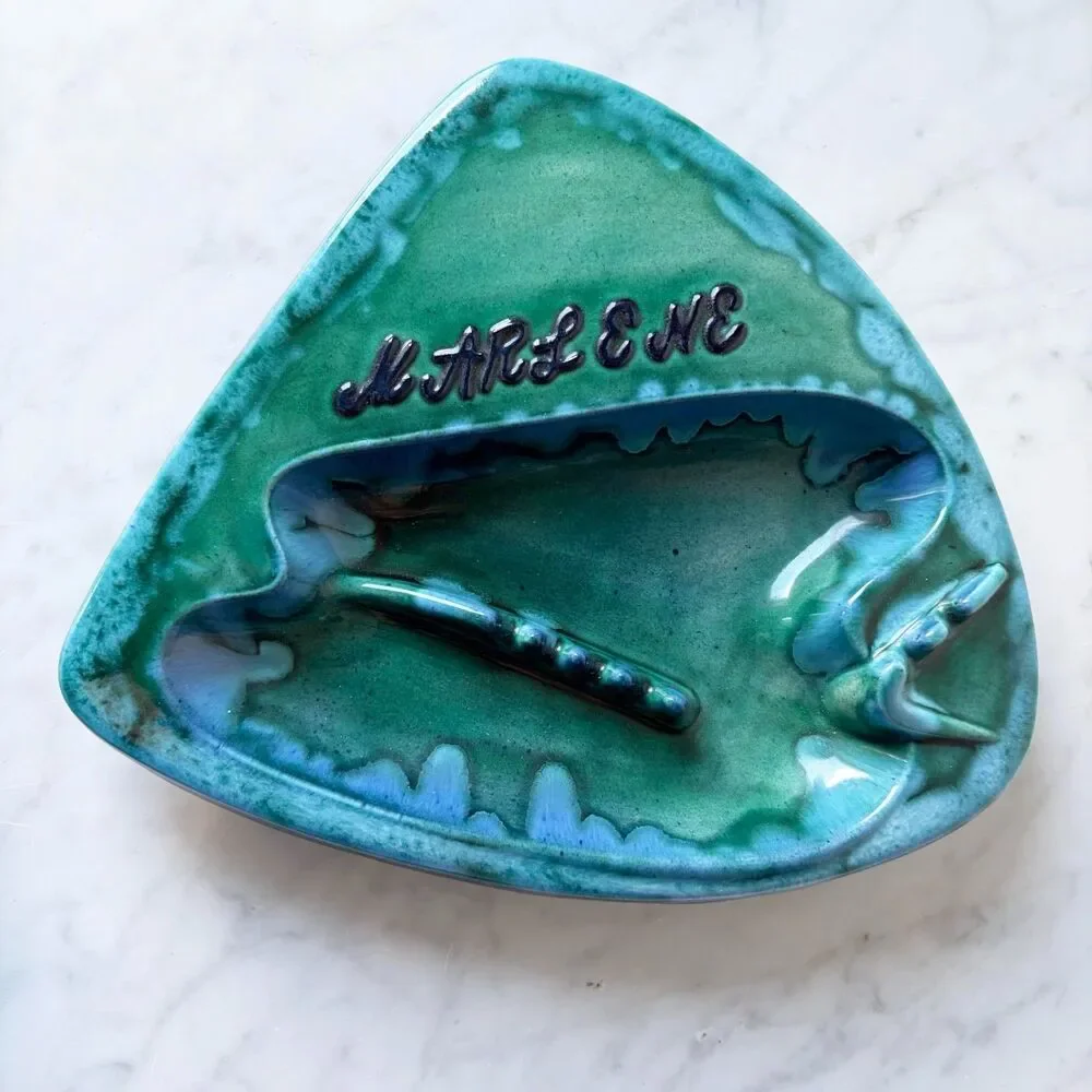 Vintage 1964 Handmade Pottery Ashtray MARLENE Blue Green Drip Glaze Signed
